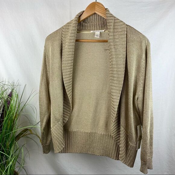Kenneth Cole Gold Metallic Open Front Cropped Knit Sweater L Large NEW - Picture 2 of 6